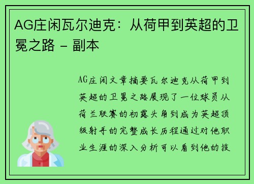 AG庄闲瓦尔迪克：从荷甲到英超的卫冕之路 - 副本
