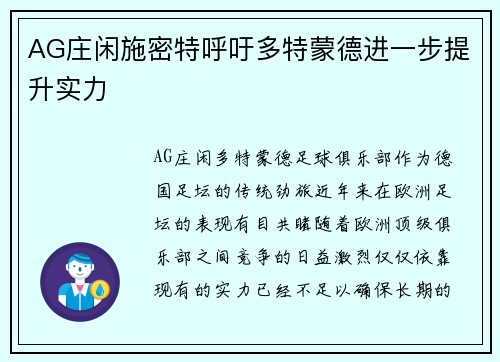 AG庄闲施密特呼吁多特蒙德进一步提升实力